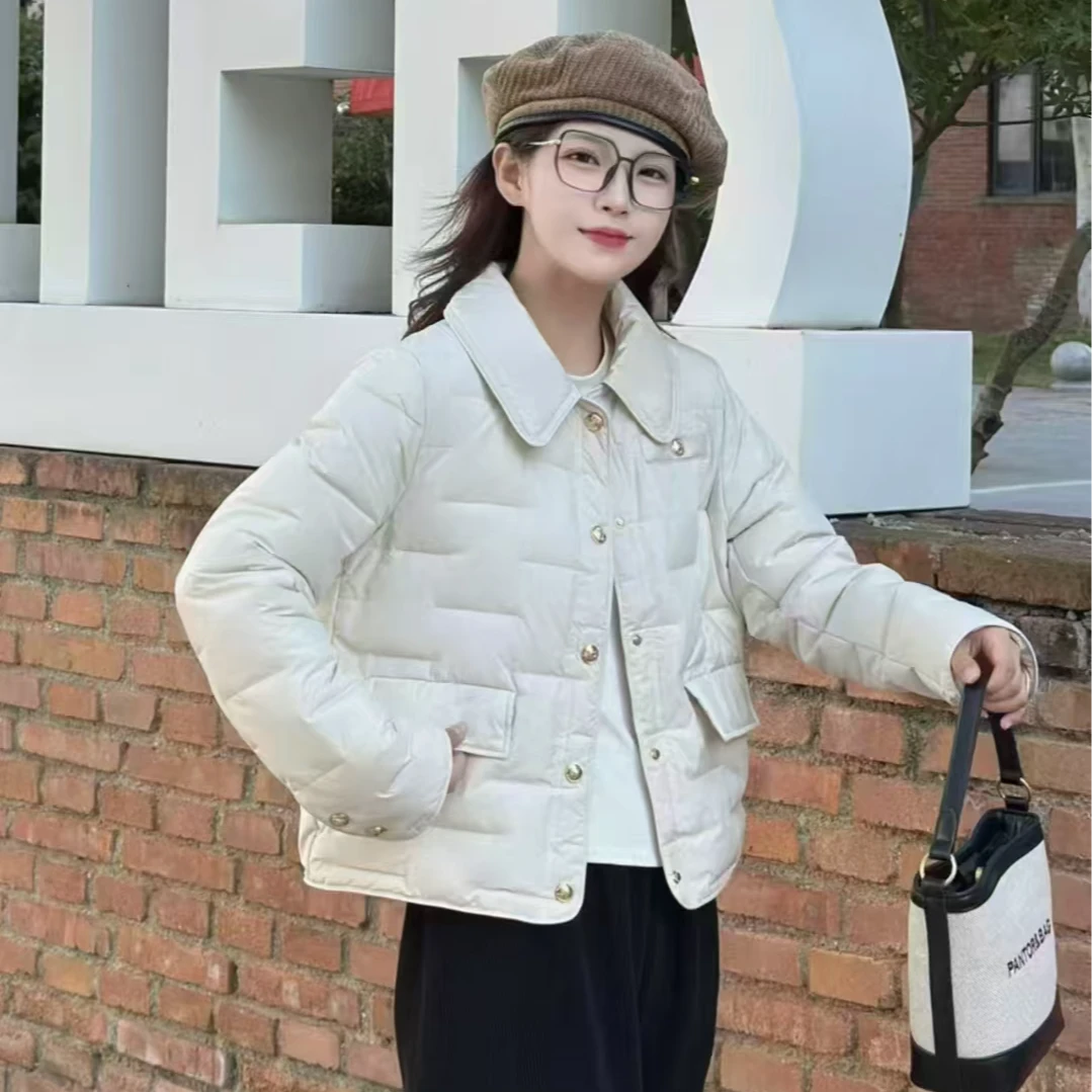 衬衫式短款轻羽绒服2024冬季新款水波纹保暖外套轻薄女