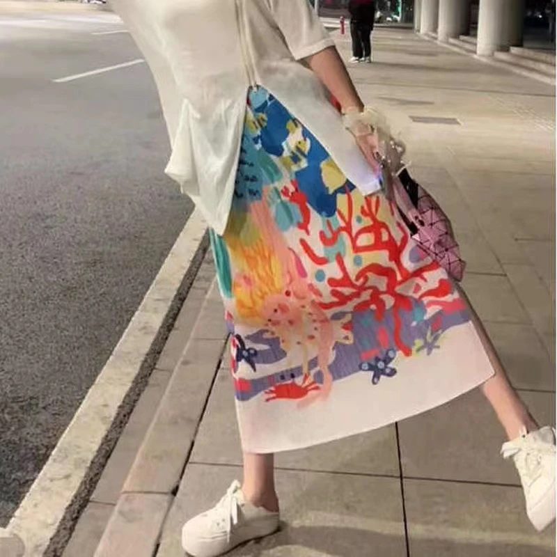 三宅春夏高腰显瘦松紧腰开叉百褶裙中长裙包臀褶皱小个子半身裙潮