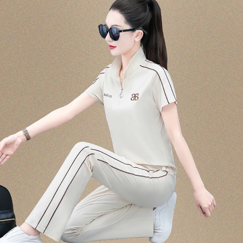 运动套装女夏2025新款立领短袖修身时尚卫衣长裤休闲服刺绣两件套