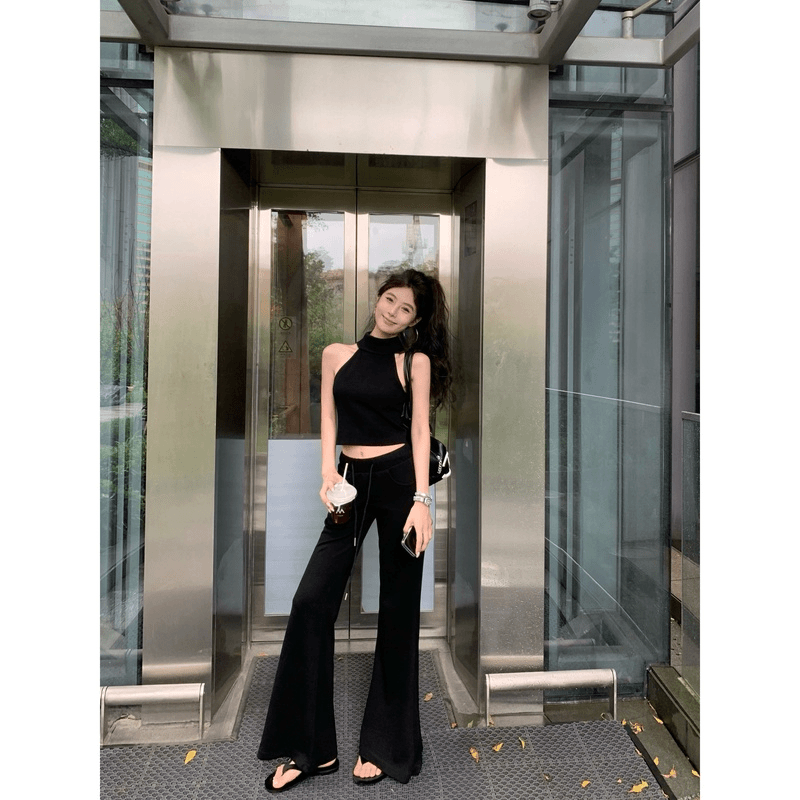 韩版休闲松弛感新款套装半高领挂脖背心微喇叭休闲运动裤套装女夏