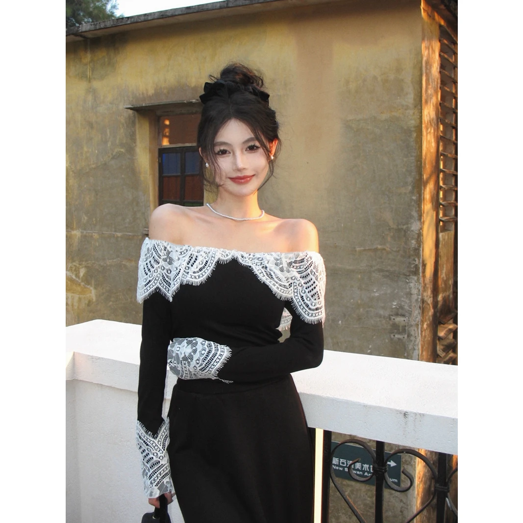 蕾丝衫性感女装秋冬法式复古赫本风性感一字领露肩花边内搭打底衫