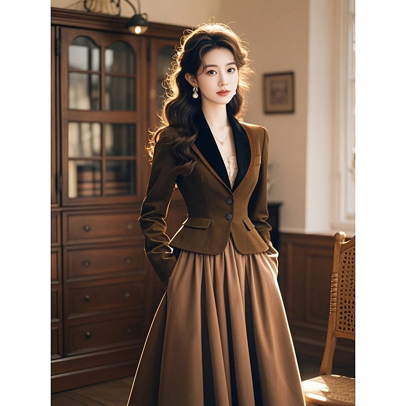 冬季新款御姐出席重要场合小香风职业女装撞色西装外套半身裙套装