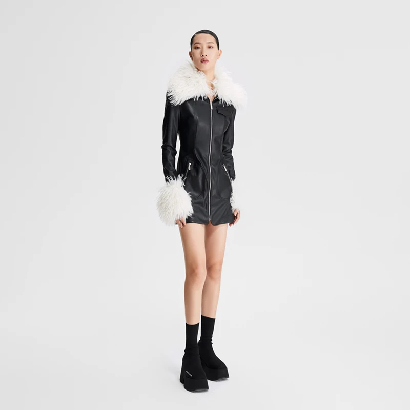 LEDIM WANG毛领收腰皮连衣裙女款时尚