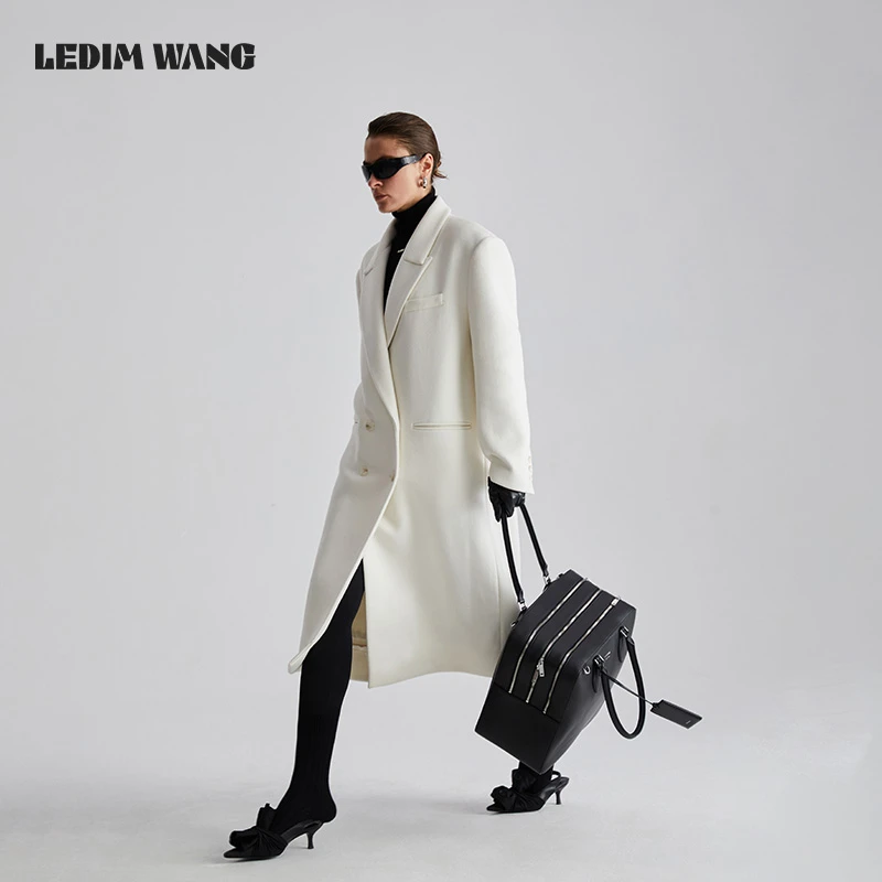LEDIM WANG极简低腰线毛呢外套女2024秋季新款高级感长款羊绒大衣