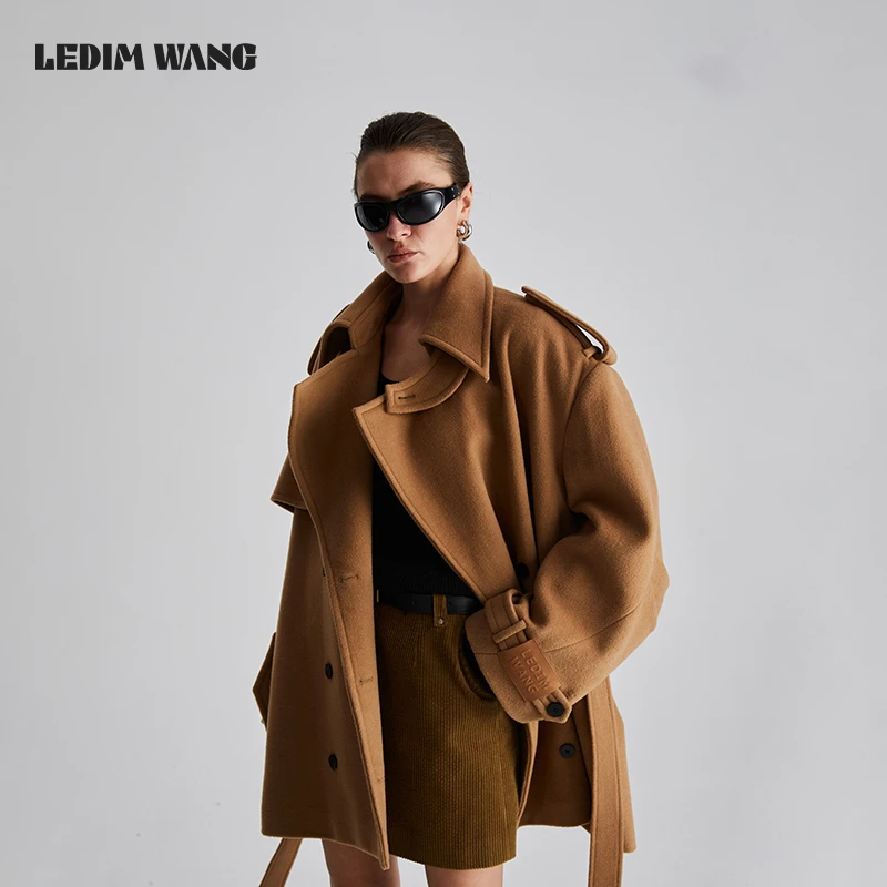 LEDIM WANG风衣式毛呢外套女2024秋季新款低腰线高级感中长款大衣