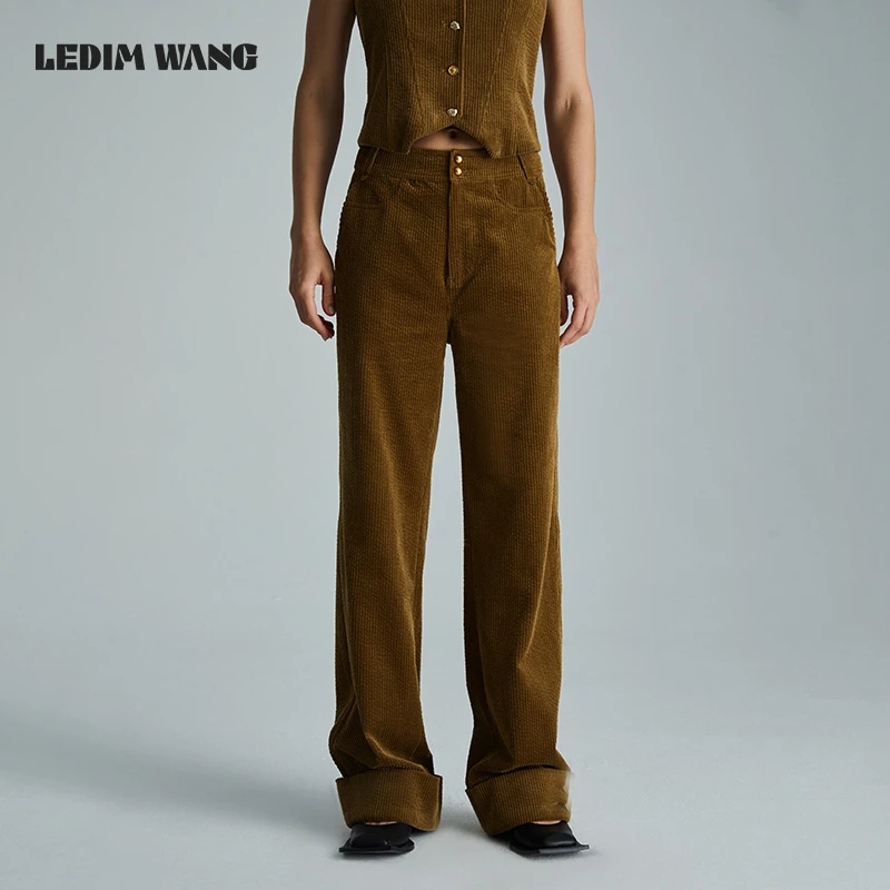 LEDIM WANG  翻边设计复古灯芯绒直筒长裤