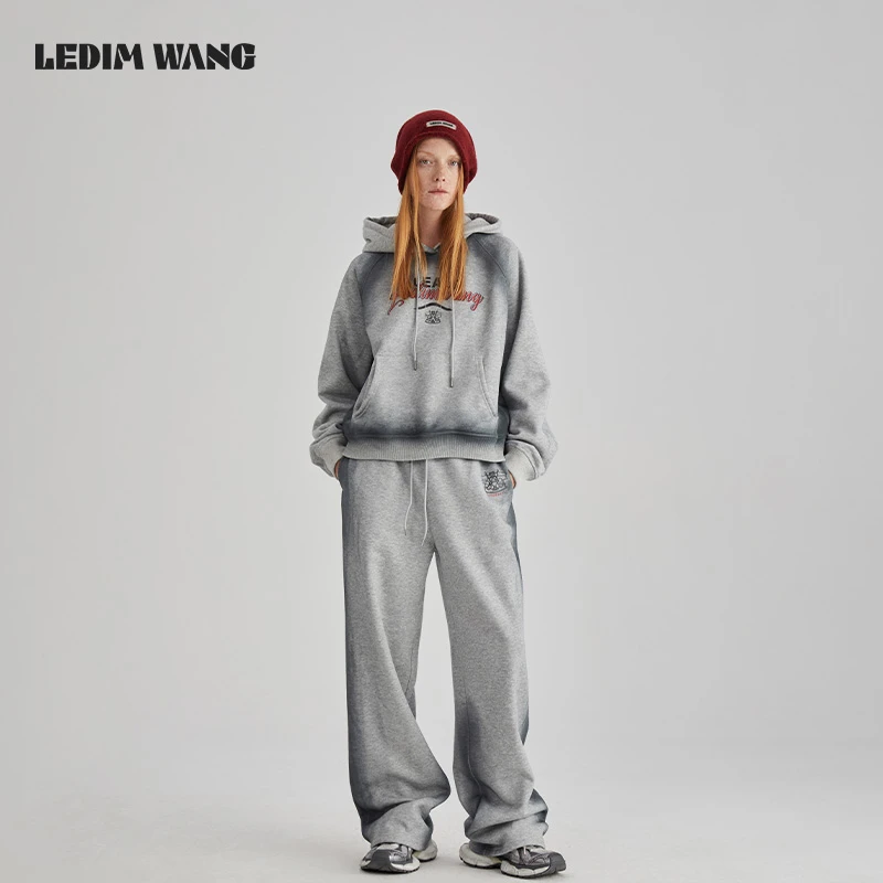 LEDIM WANG美式复古喷绘印花连帽灰色卫衣/卫裤2024秋新休闲宽松