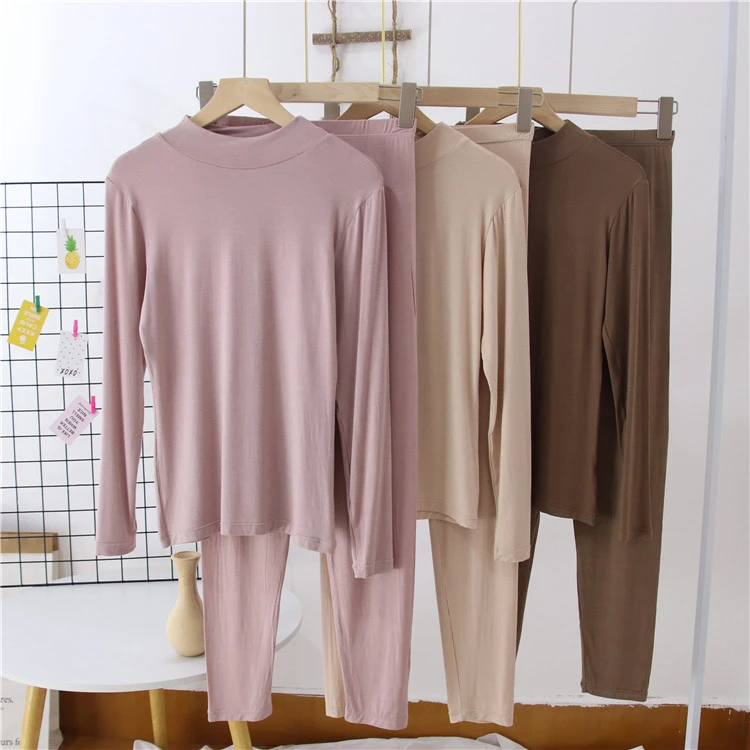 莫代尔女士薄款半中高领打底修身棉毛衫基础线衣线裤秋衣秋裤套装