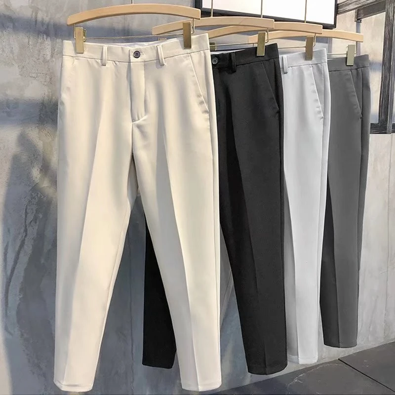 夏季新款冰丝男士九分小西裤韩版修身垂感薄款休闲轻熟风小西裤男