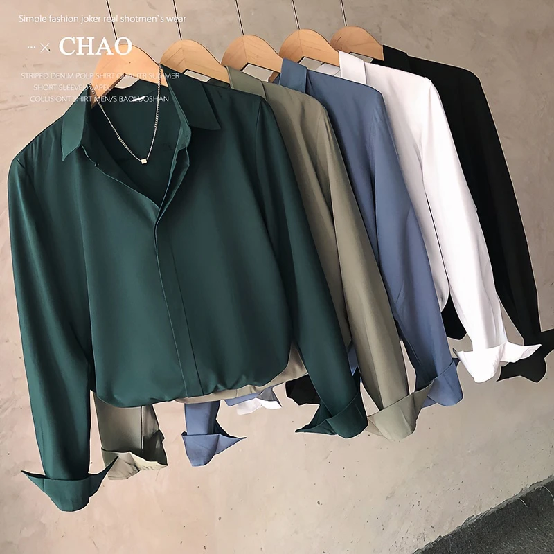 长袖衬衫男港风日系新春秋长袖衬衣上衣潮流百搭纯色商务休闲衬衫