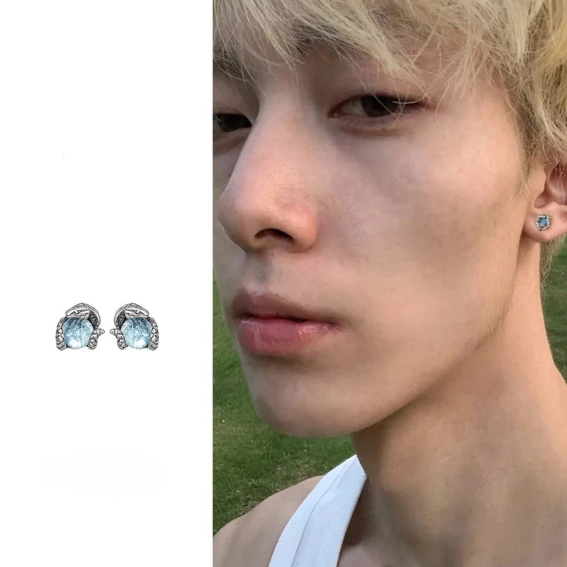 合金耳饰 耳钉男新款蓝色灵蛇美杜莎之瞳单只小众独特养耳洞耳环