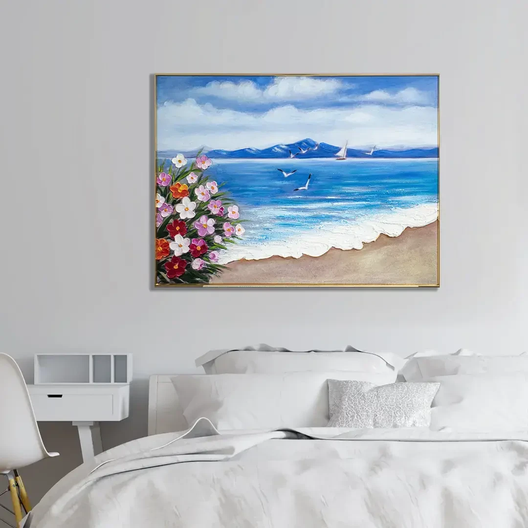 花海相逢︱新款客厅背景墙装饰画手工餐厅油画轻奢高级感挂画海边