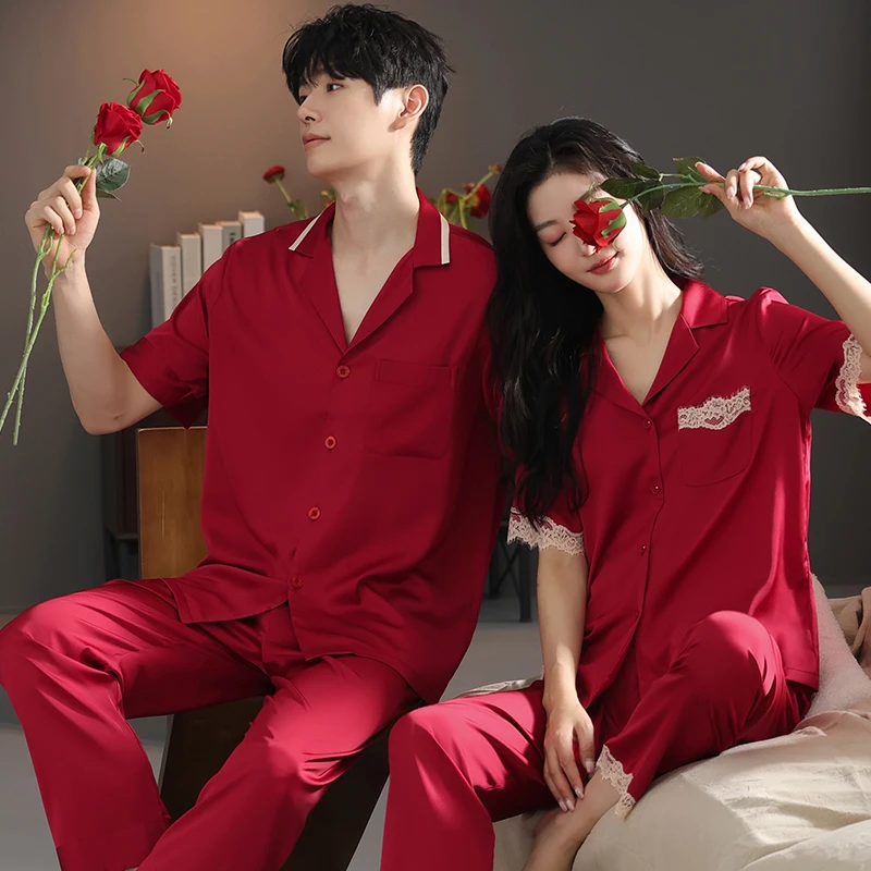 沐夏春夏季大码情侣短袖长裤睡衣套装红色冰丝薄款新婚喜庆