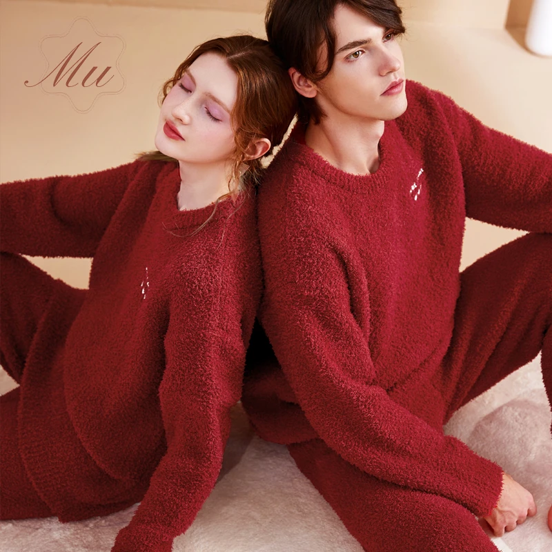 2025属蛇本命年冬天半边绒情侣睡衣男女珊瑚绒家居服红色加绒套装