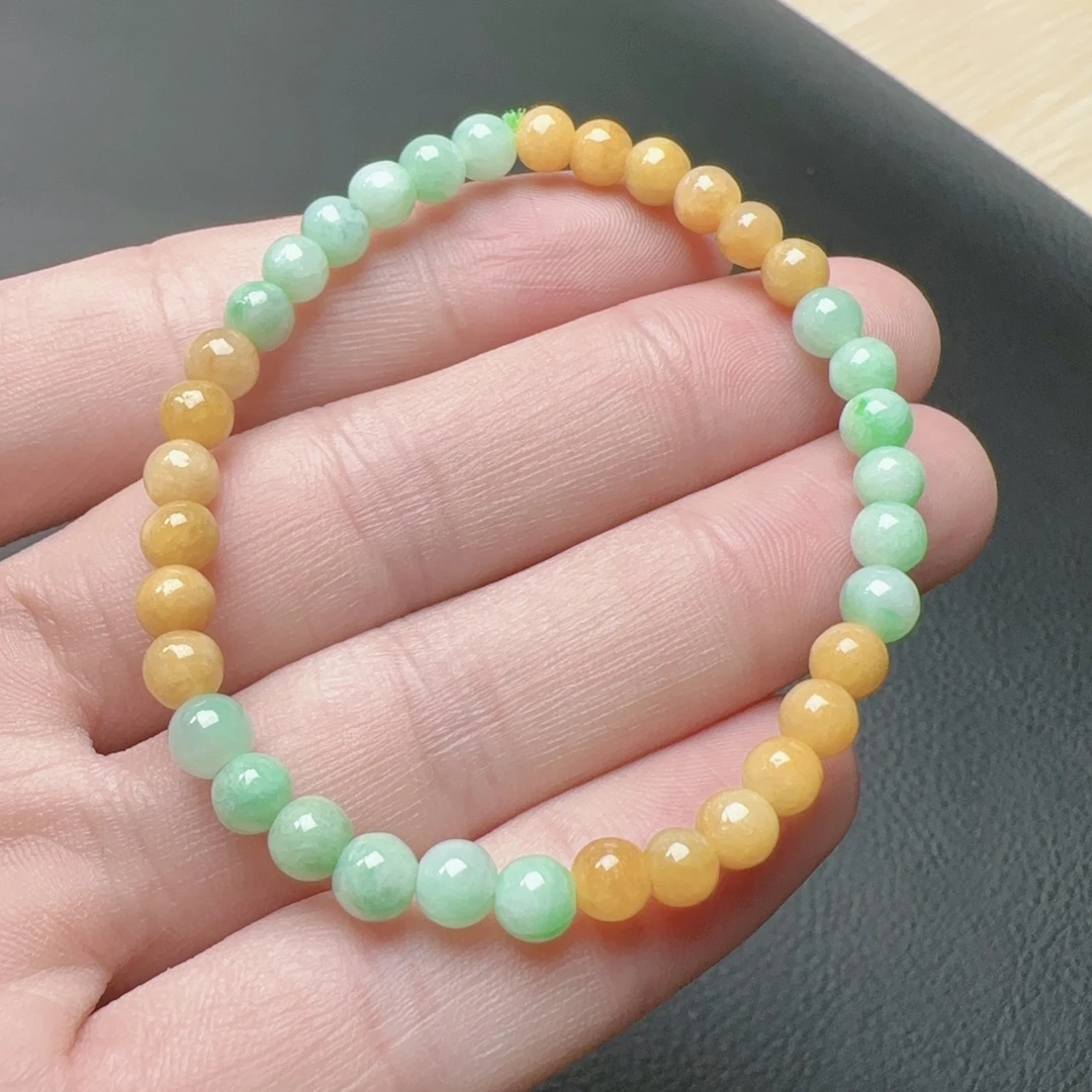缅甸天然翡翠A货 冰胶双彩黄加绿圆珠手链时尚卡5mm