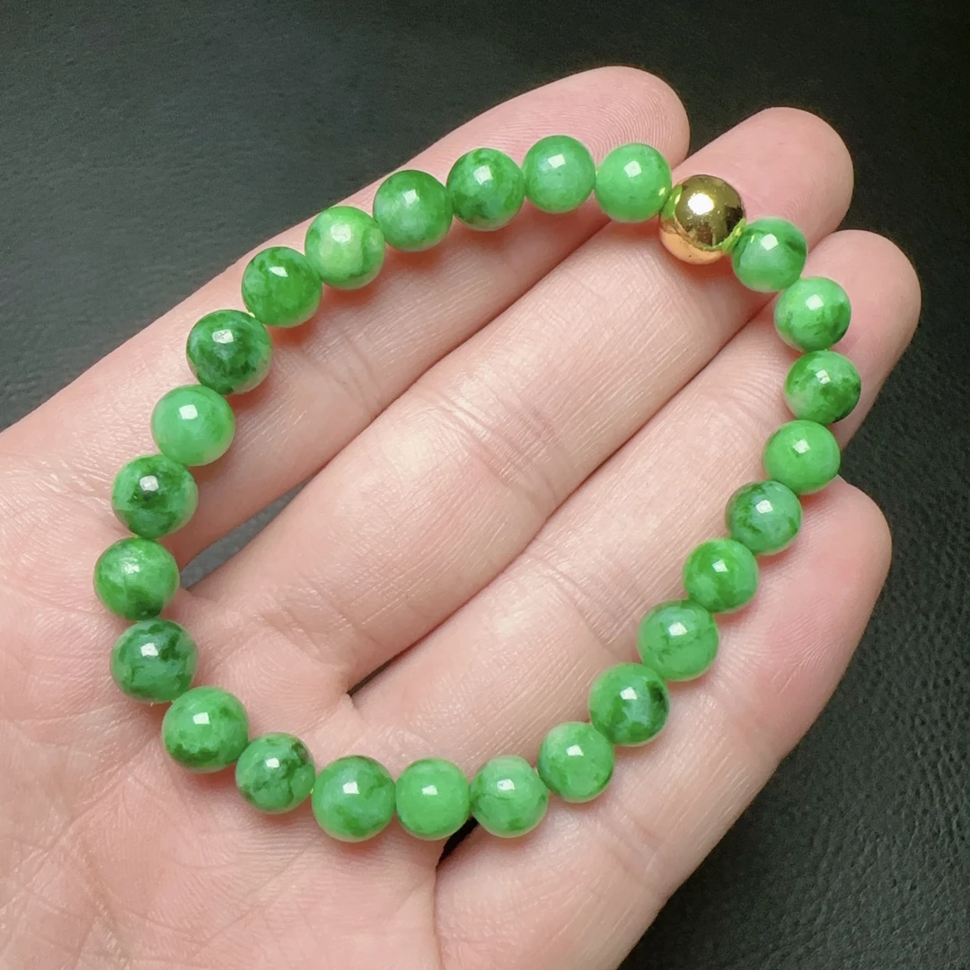 缅甸天然翡翠A货 冰胶满阳绿圆珠手链精致时尚百搭女款卡7mm
