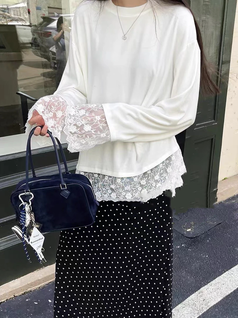 蕾丝D&B大贝贝拼接长袖t恤宽松内搭打底设计感小众百搭上衣