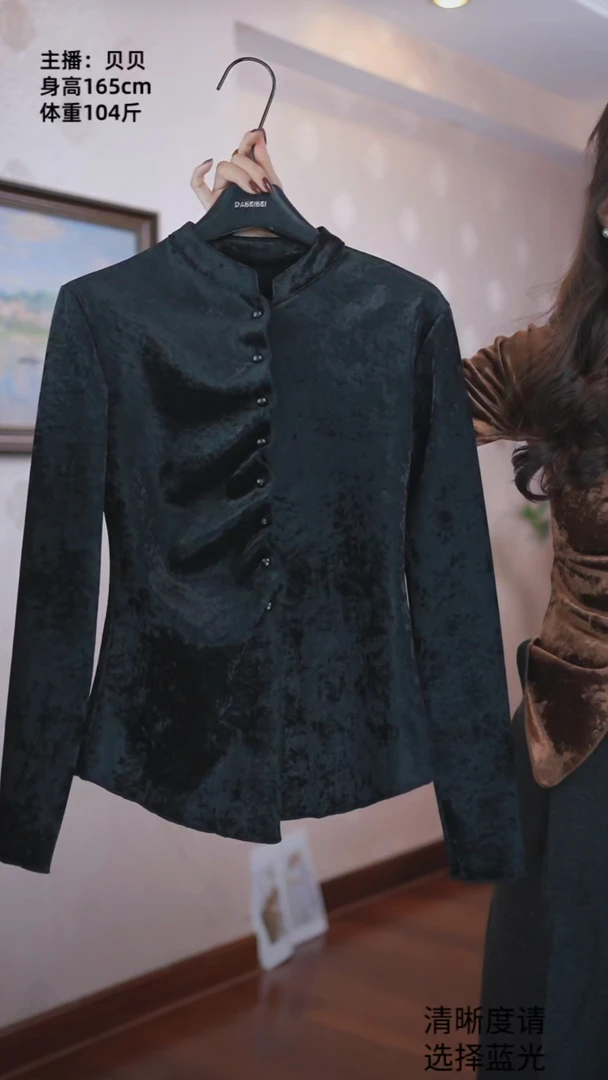 新中式显瘦百搭立领新中式褶皱设计丝绒加厚打底上衣