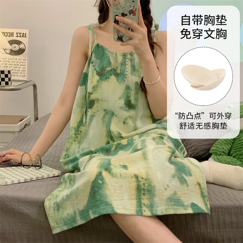 夏季新款套头吊带睡裙带胸垫女款短袖宽松可爱家居服可外穿95710