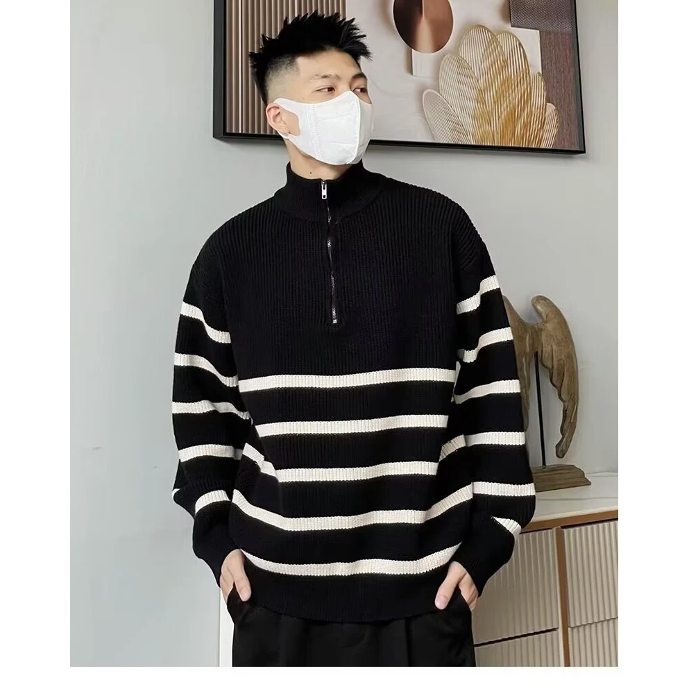 半高拉链领毛衣男士秋冬季条纹针织衫港风潮牌时尚休闲针织线上衣