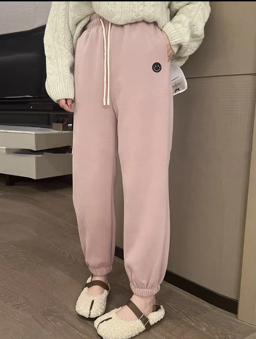 粉色笑脸加绒卫裤女欧货2023秋冬宽松显瘦休闲学生束脚哈伦运动裤