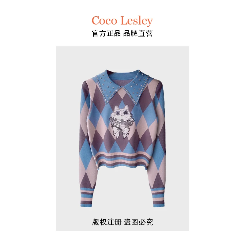 （门店 999）M复古卡通猫咪刺绣针织衫90502