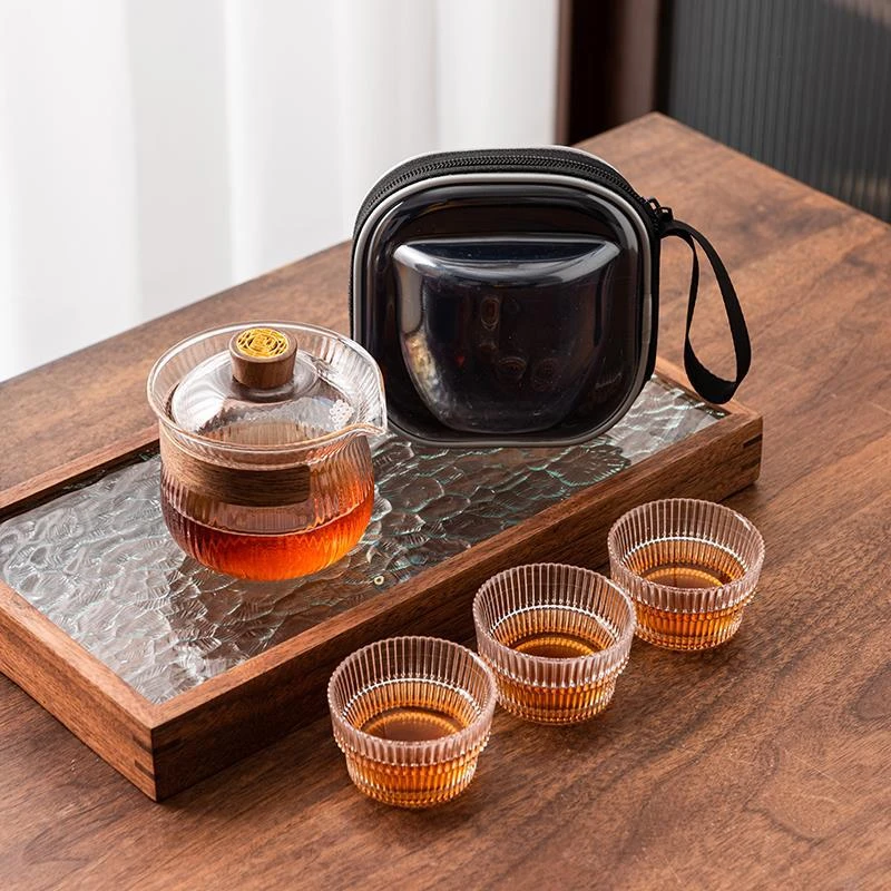 玻璃旅行茶具套装便携式功夫茶具茶壶茶杯户外防烫过滤喝茶手抓壶