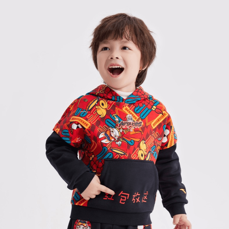 【兔跃千山】安踏儿童运动连帽套头衫小童红色卫衣保暖A37319202N