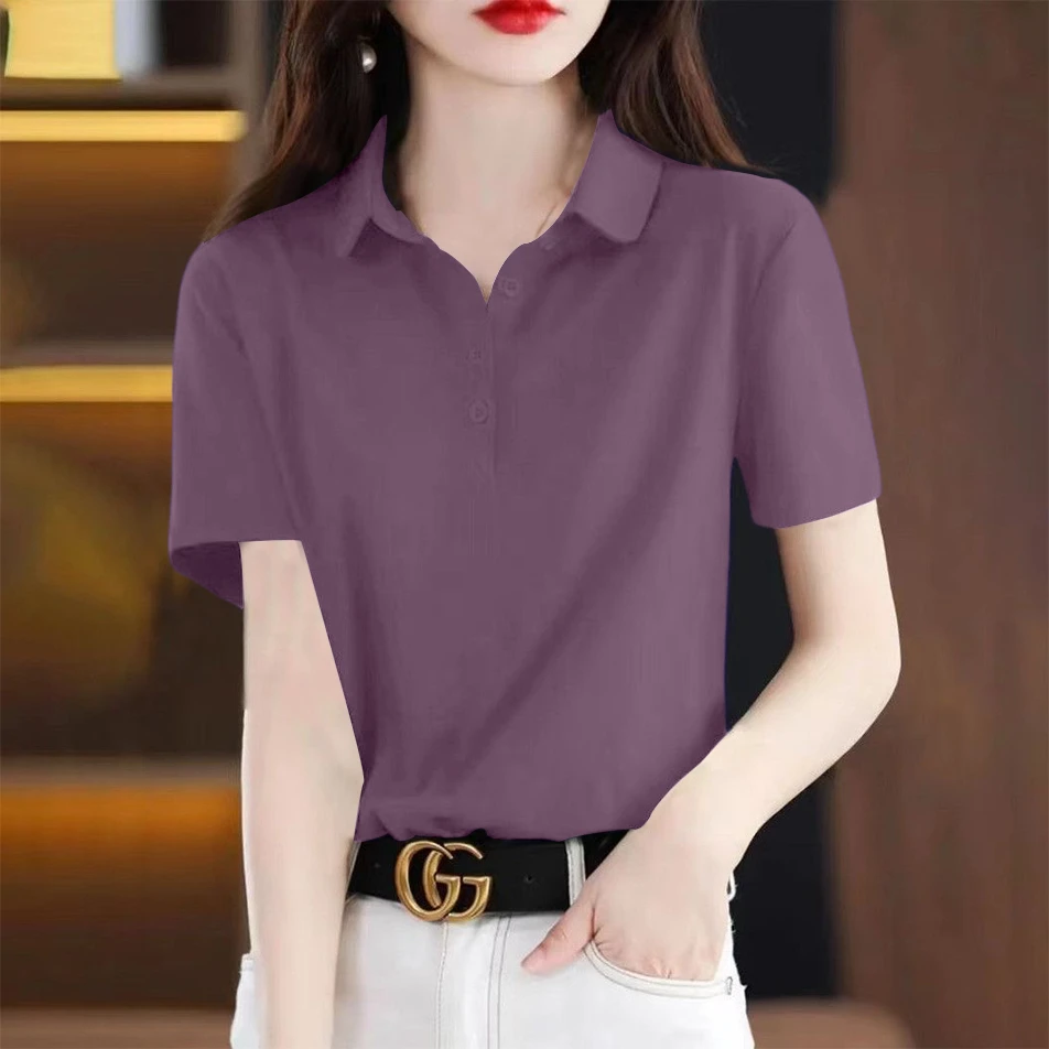 纯棉polo领短袖t恤女2024夏季新款休闲简约宽松显瘦遮肚百搭上衣