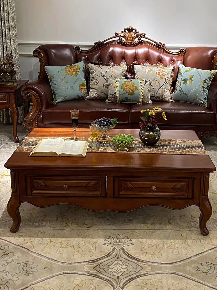 美式桃花芯木复古雕花茶几家用客厅家具长方形沙发组合方几成套