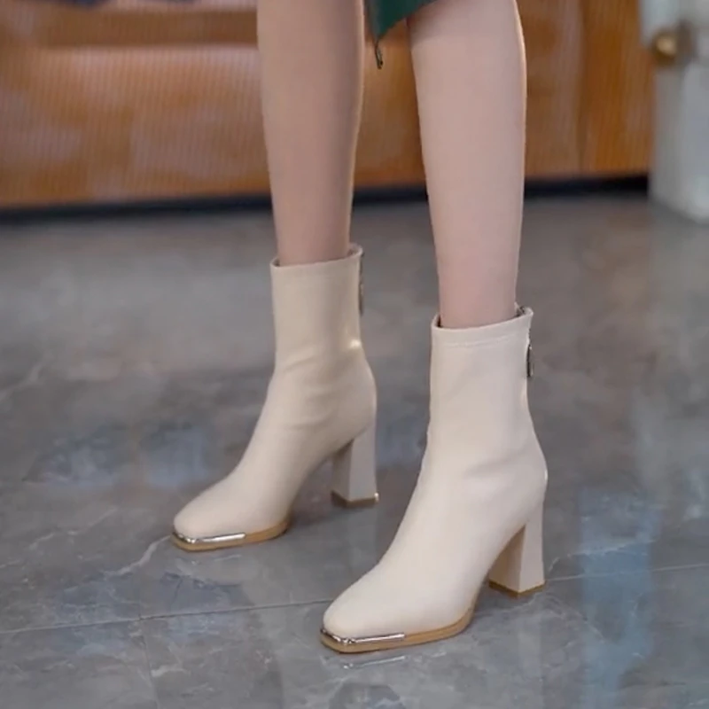 私魅秋冬季单里加绒高跟短靴瘦瘦靴后拉链粗跟方头马丁靴【亚单1】