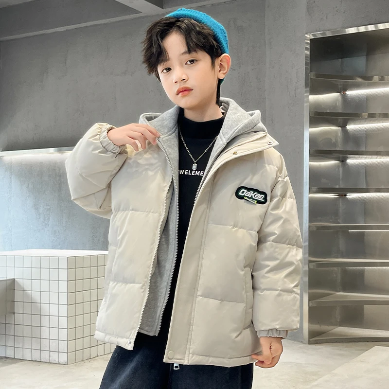男童羽绒服2023新款儿童装洋气男孩中大童白鸭绒棉服假两件外套潮