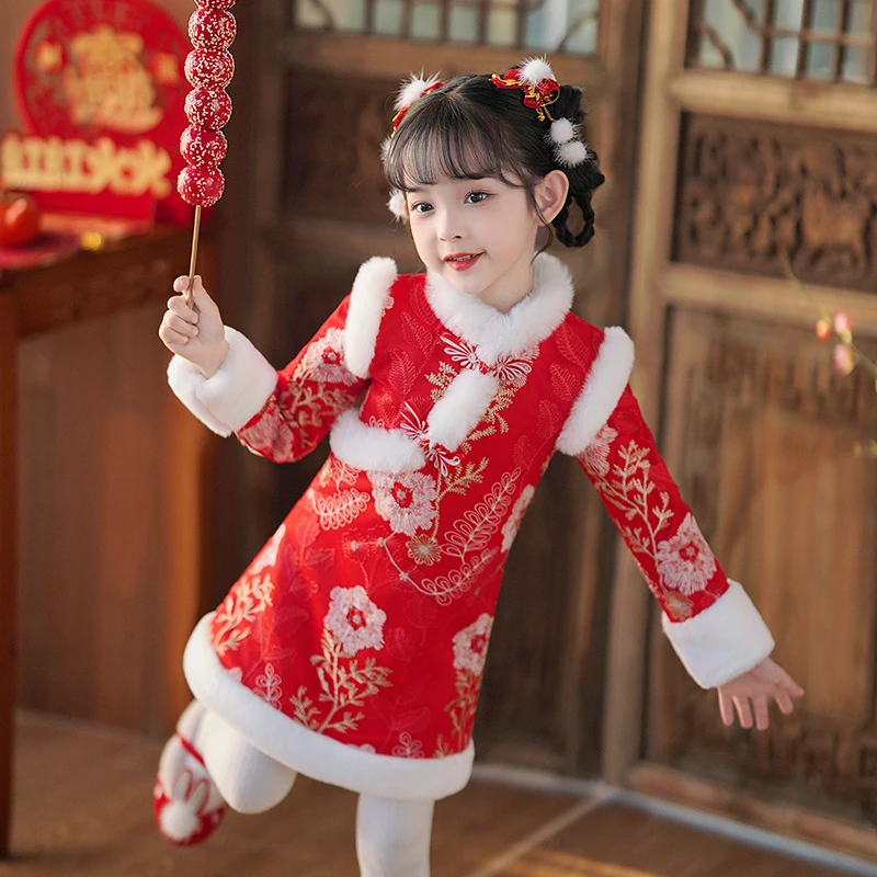 汉服女童冬装儿童拜年服小孩龙年汉服红色中国风唐装宝宝过年衣服