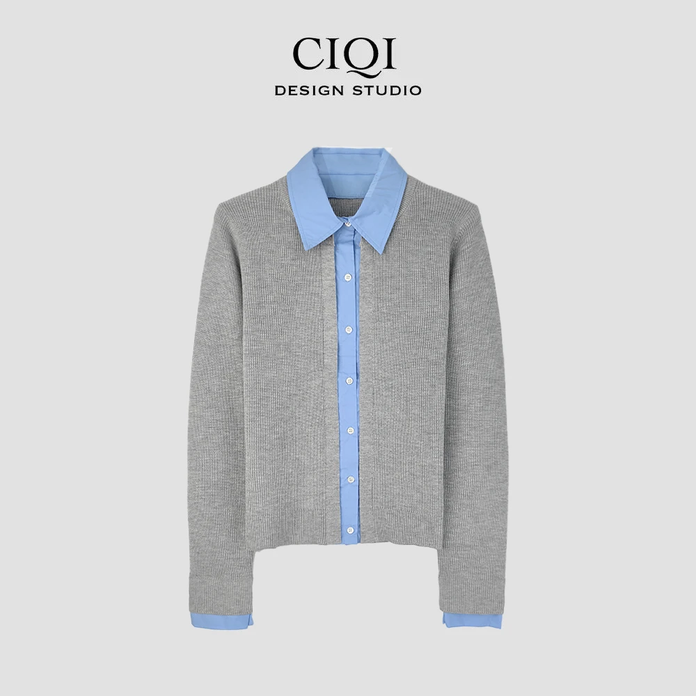 CIQI STUDIO  极简风POLO领假两件撞色针织开衫秋季新款