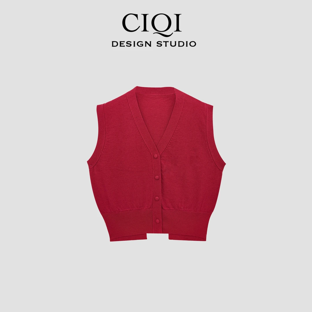 CIQI STUDIO 经典纯色系布包扣设计感叠穿纹针织马甲CG-008