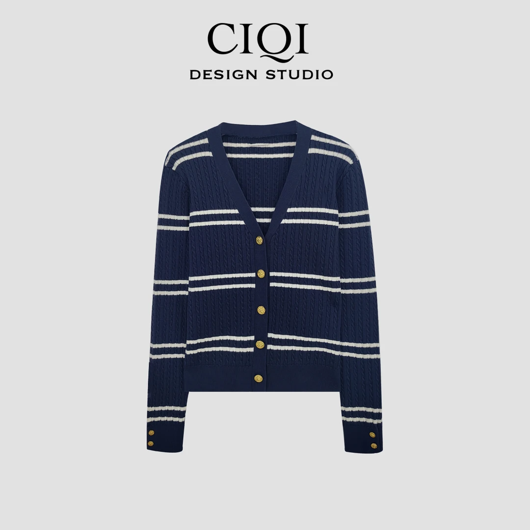 CIQI STUDIO 【V领树林】早春轻奢休闲杨树林金扣条纹柔软舒适开衫