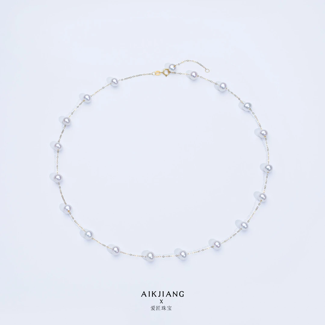 AIKJIANG/爱匠淡水珍珠19颗白珠满天星18K金时尚百搭气质精致颈链