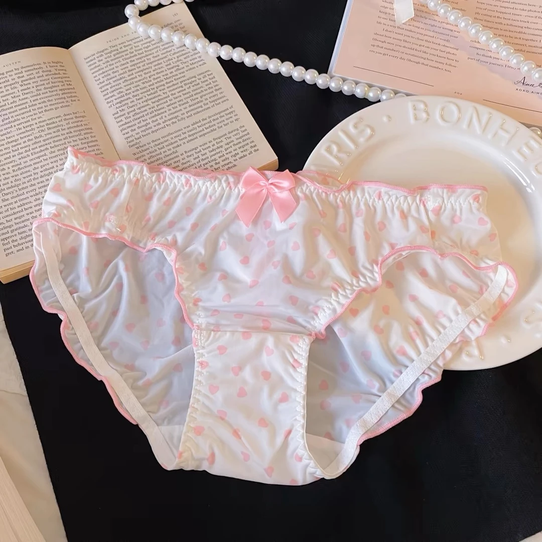 日系少女爱心印花冰丝性感内裤女低腰性感镂空蝴蝶结女士三角裤
