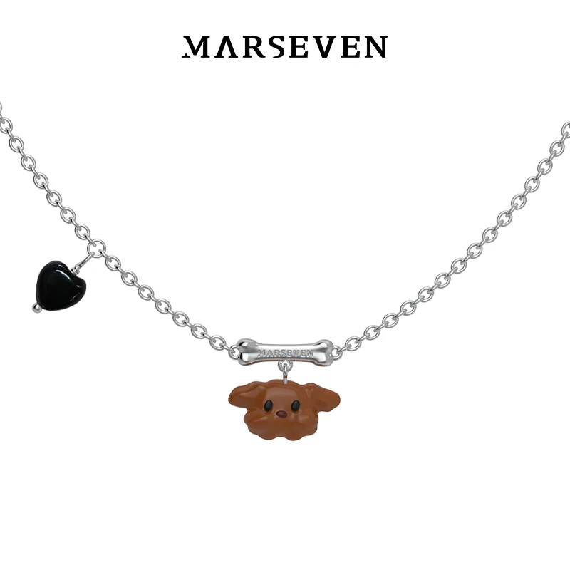 MARSEVEN 链子925银 黑色爱心小狗骨头项链小众原创设计锁骨链