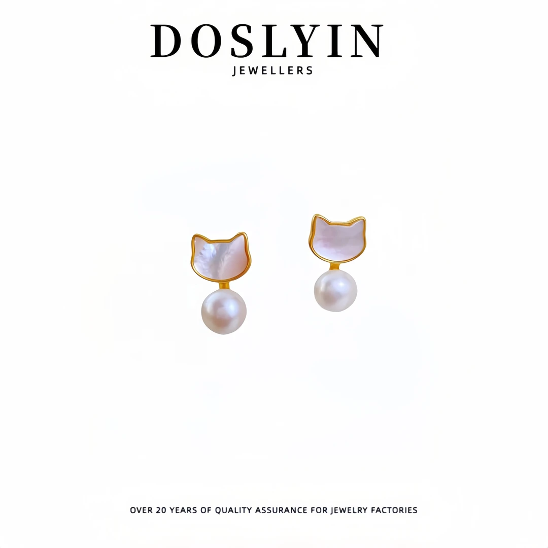 珍珠【Z82】可爱猫咪耳钉时尚气质设计感精致银针耳环