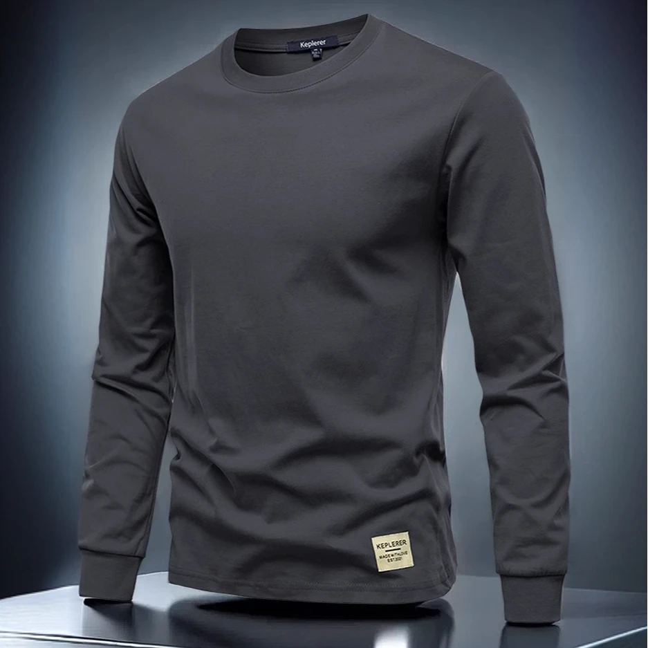 2025重磅纯棉长袖t恤帅气休闲上衣小清新高档纯色圆领男装打底衫