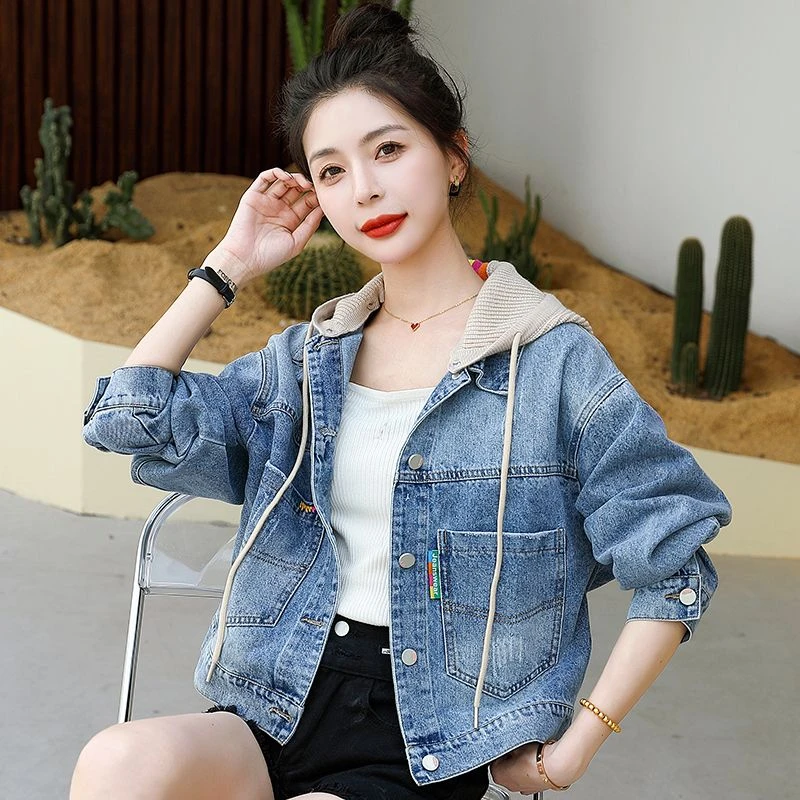牛仔短款外套女春秋款2023年新款春装小个子假两件修身女士上衣春