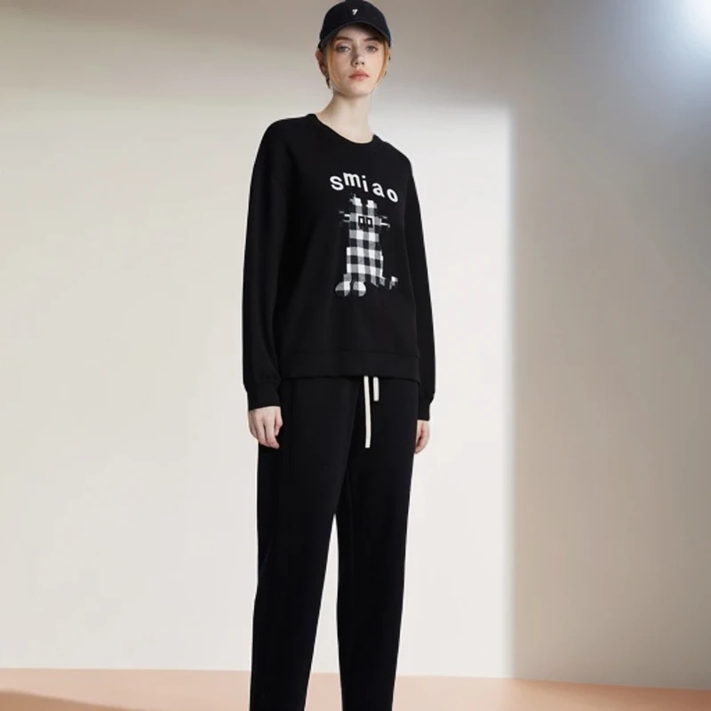 【水淼】9269休闲百搭黑色印花舒适简约圆领宽松卫衣