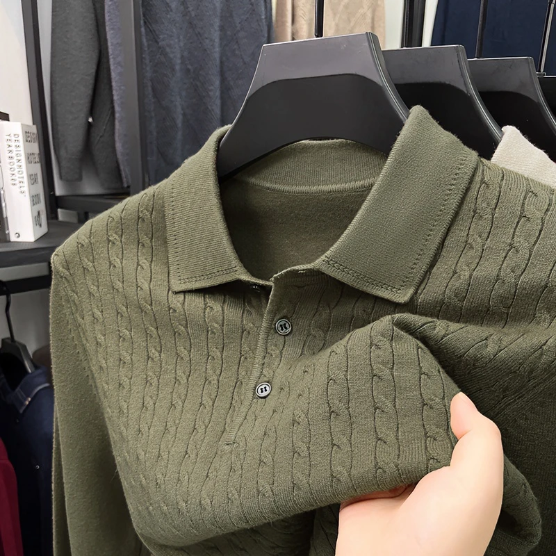 长袖男款针织衫春秋新款百搭时尚休闲翻领外套中青年宽松纯色毛衣