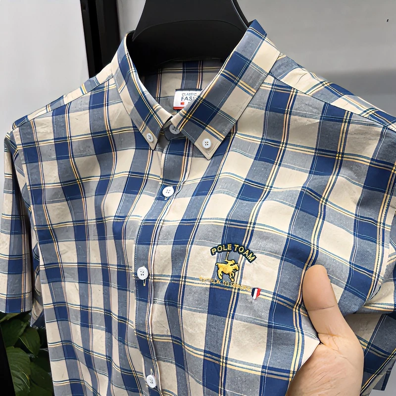 100%纯棉短袖格子衬衫男士夏季中青年男装薄款宽松透气刺绣衬衣服