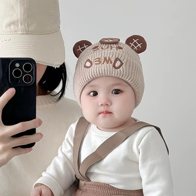 秋冬款婴儿帽子超萌男宝宝针织帽冬季新生儿小月龄加厚保暖毛线帽