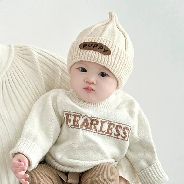 小月龄宝宝帽子秋冬季韩版字母针织奶嘴帽男女婴幼儿保暖毛线帽冬