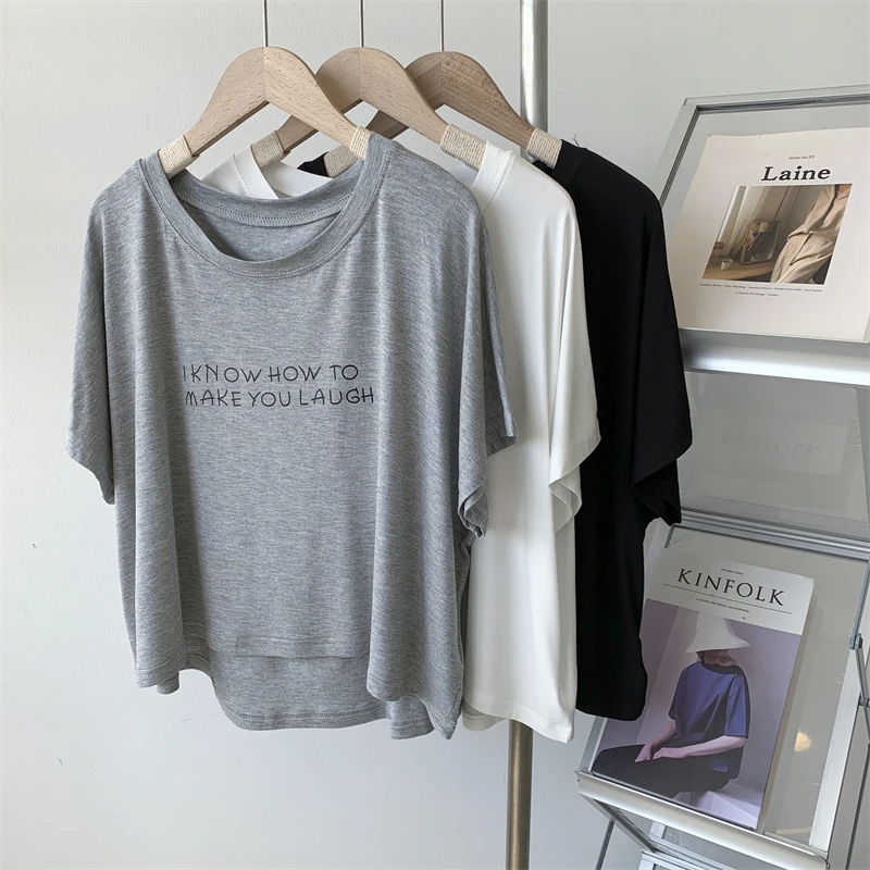 莫代尔小字母短袖罩衫女宽松圆领舞蹈服练功服瑜伽服现代舞上衣女