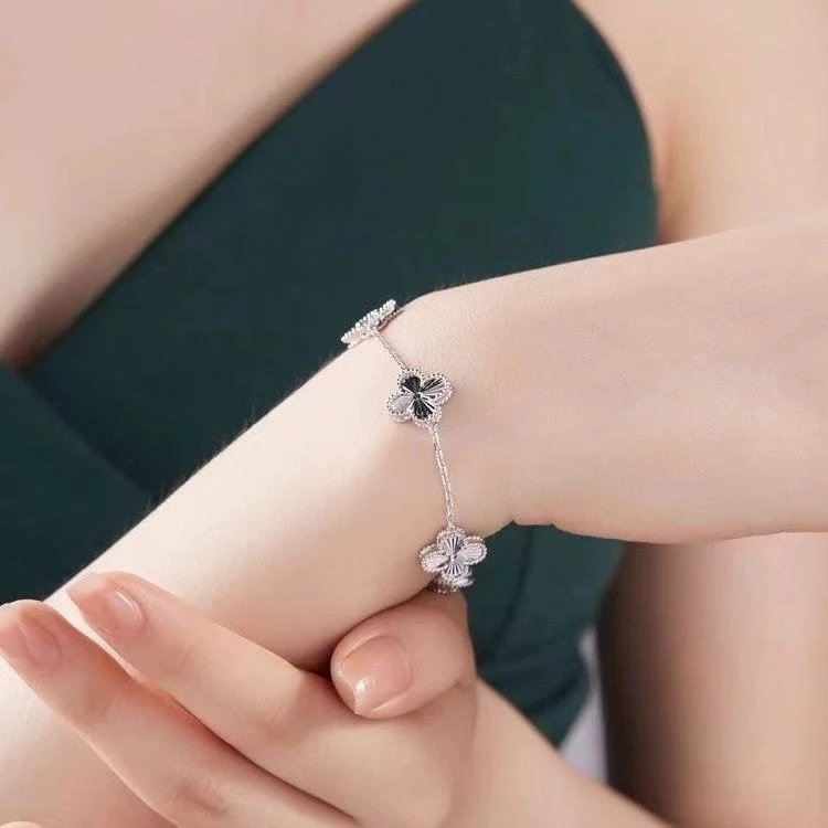 足银手链 【A55】足银999.9五花四叶草手链女生轻奢小众镭射足银