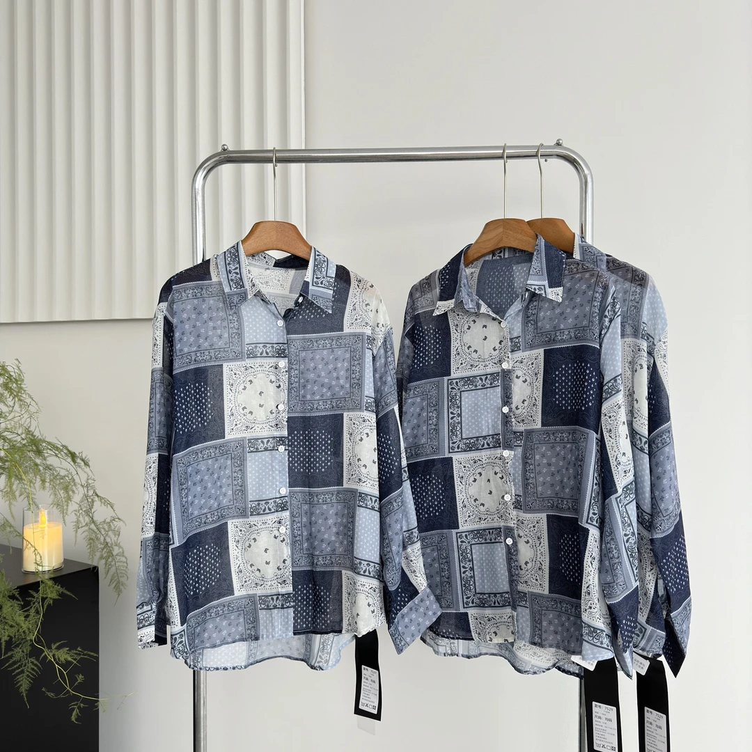 【复古腰果花】复古度假风腰果花纹拼色印花翻领衬衫Y6388